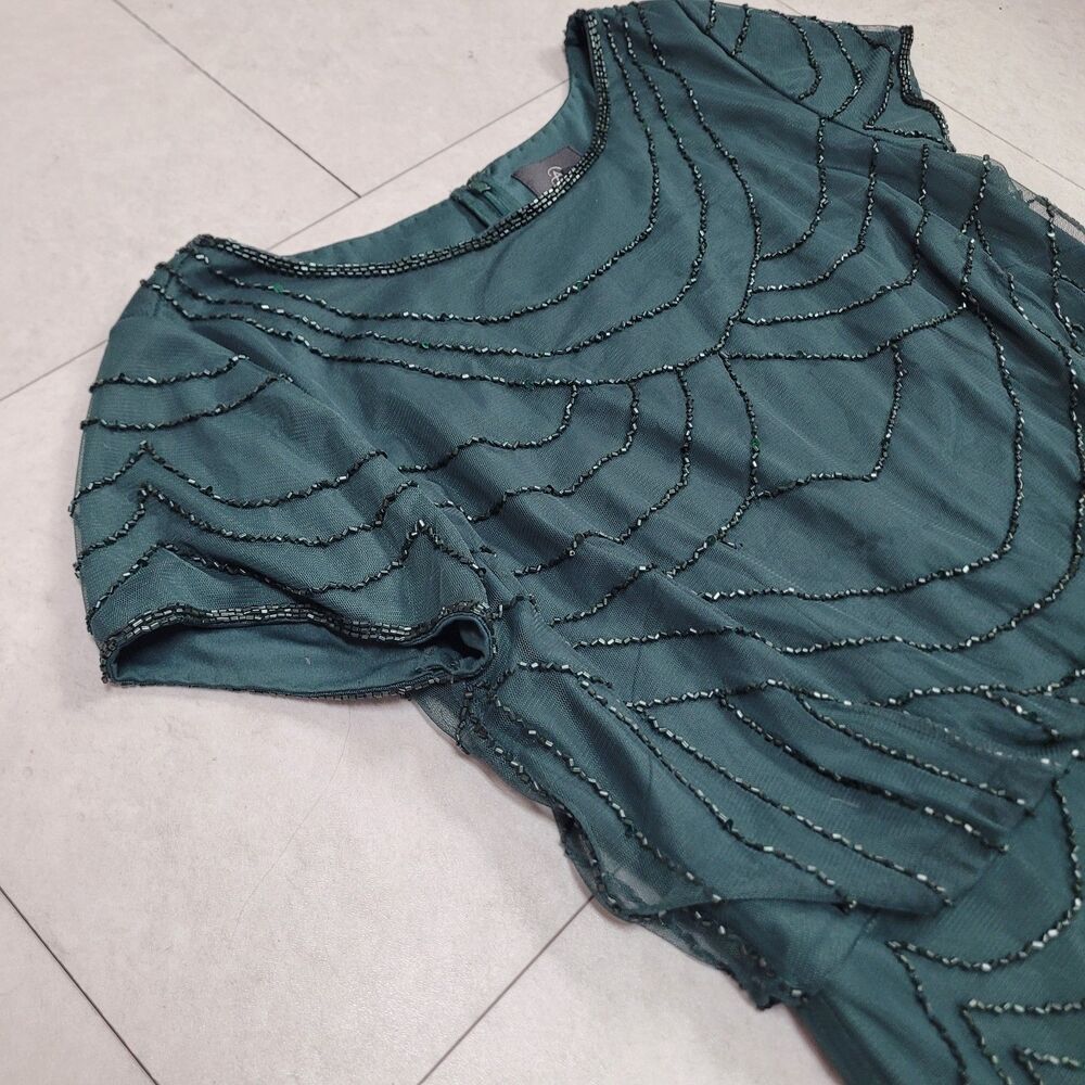 Adrianna Papell Beaded Blouson Gown Dusty Emerald Green St. Patrick's Short Slv - Picture 10 of 16